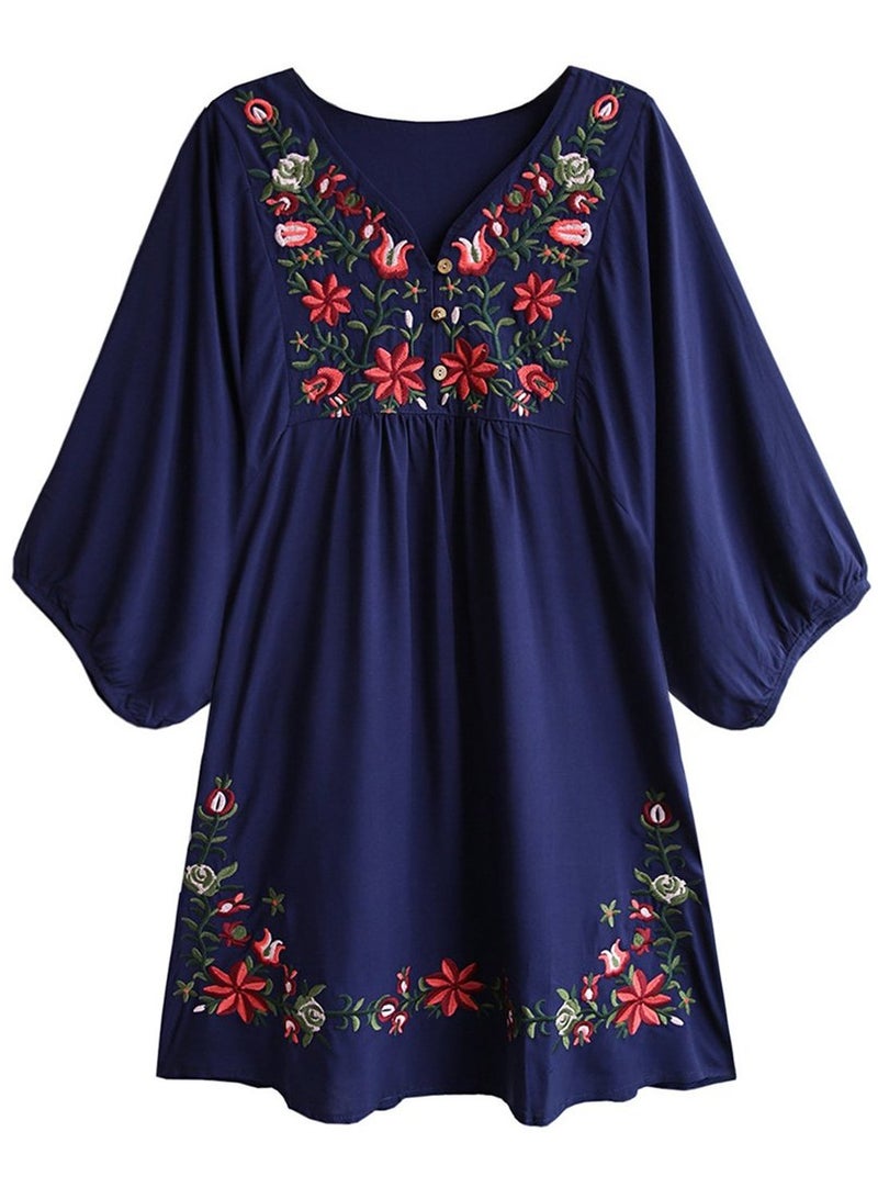 Kafeimali Women's Summer Mini Dress Bohemian Embroidery Tunic Shift Blouse (Navy Blue) - Image 1